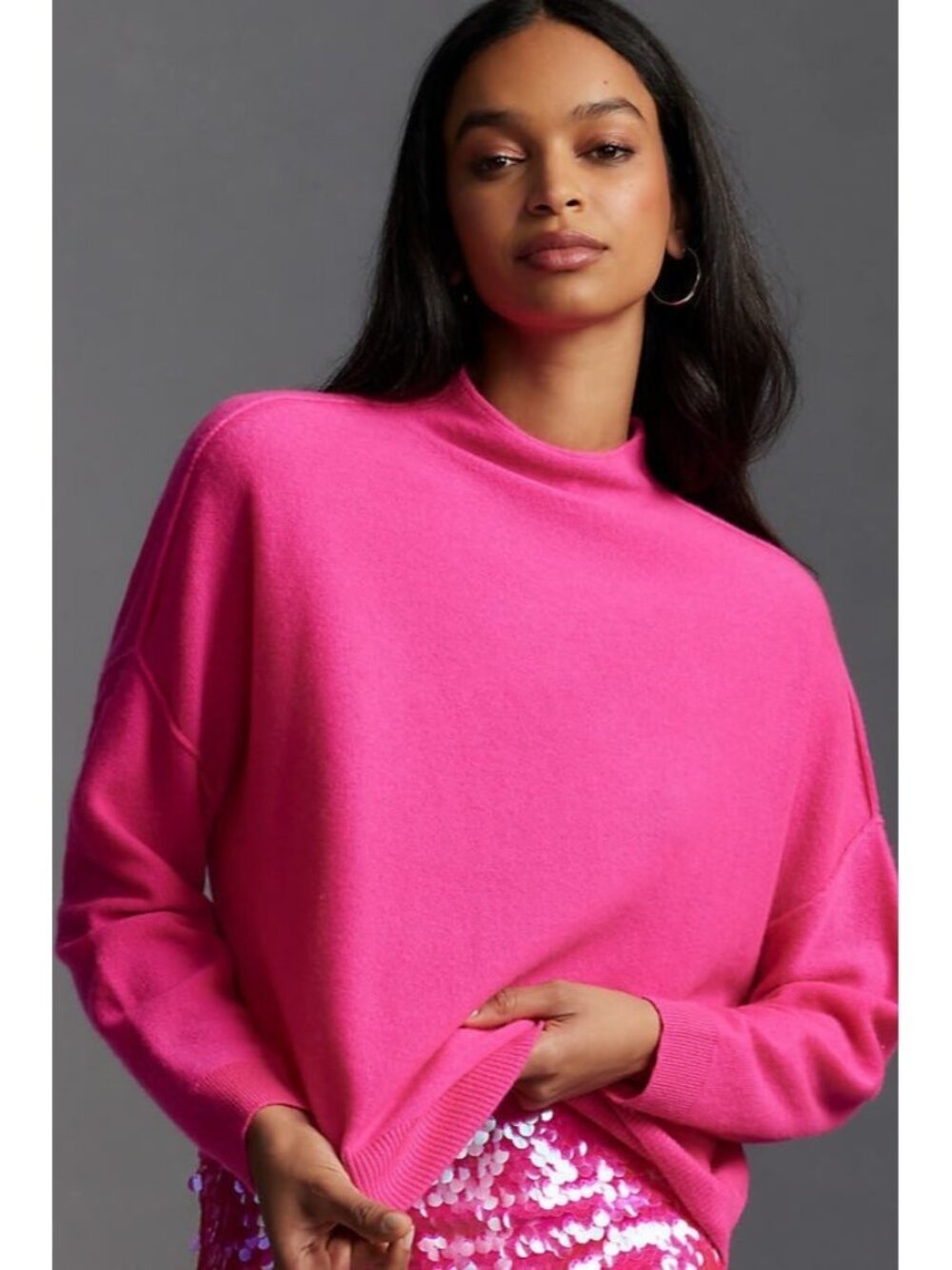 NWT Anthropologie Pilcro Alani in Hot Pink Cashmere Cropped Mock-Neck Sweater S